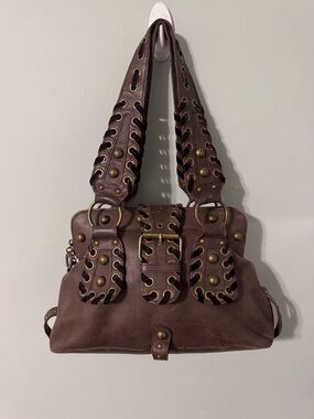 VTG BETSEY JOHNSON Brown Genuine LEATHER STUDDED Y2K Hobo BAG Gothic Punk Rare